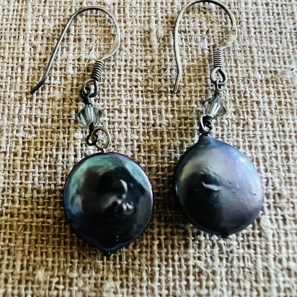 Iridescent Black Coin Pearl Drop Earrings